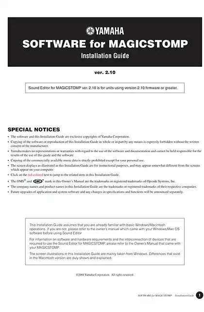 yamaha雅马哈Magicstomp BASS EFFECTS PROCESSOR Installtion Guide